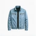 Detailed view of a men's vintage light blue washed jacket with functional chest zippers. - S / Tops / Blue