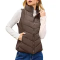 Women's brown quilted puffer vest with stand-up collar and front zipper detail - S / Tops / Brown