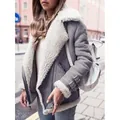 Chic women's grey faux suede moto jacket with cozy white faux shearling lining and trim - S / Tops / Gray