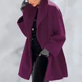 Side detail of a vibrant purple loose fit wool coat for women featuring large lapels - S / Tops / Purple