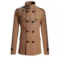 Classic men's slim fit mid-length wool trench coat in camel double-breasted style - M / Tops / Khaki