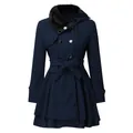 Elegante abrigo de lana azul marino con cuello de piel negra y dobladillo acampanado. - S / Tops / Talla Asiática / Azul marino