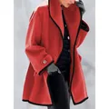 Oversized red woolen coat with black patchwork trim for women's autumn winter fashion - S / Tops / Red