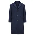 Close-up front view of classic navy blue long woolen coat for men with single-breasted buttons - S / Tops / Navy Blue