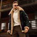 Premium men's winter shearling leather jacket with thick warm fleece lining in black - S / Tops / Regular Fit / Black