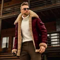 Premium men's winter burgundy shearling leather jacket with ultra-warm fleece lining - 3XL / Tops / Thickened Version / Burgundy