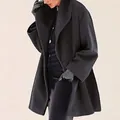 Elegant dark grey wool coat with wide shawl collar for women autumn winter fashion style - Black