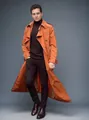 Male model wearing a stylish orange extra-long trench coat for men's casual fashion - S / Tops / Orange