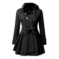 Elegante abrigo de lana negro para mujer con cuello de piel sintética y cinturón - S / Tops / Talla Asiática / Negro