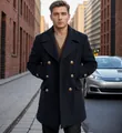 Stylish men's navy blue wool pea coat with gold buttons in urban street setting - S / Tops / Navy Blue