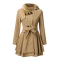 Elegante abrigo de lana caqui para mujer de largo medio con cuello de piel sintética y cinturón - S / Tops / Talla Asiática / Camel