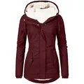 Stylish women's mid-length winter parka with sherpa-lined hood in burgundy red - S / Tops / Burgundy