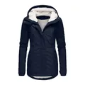 Women's navy blue mid-length hooded parka jacket with warm white fleece lining for winter - S / Tops / Navy Blue