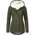 Front view of women's olive green winter parka coat with warm white fleece lining - S / Tops / Green