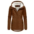 Detailed view of a brown women's hooded winter parka jacket with warm white fleece lining - Tan
