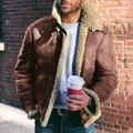 Classic men's brown faux suede shearling-lined winter coat with large lapel details. - M / Tops / Red