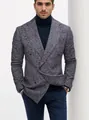 Detailed view of a men's grey textured double-breasted blazer jacket for a smart casual look. - 2XL / Tops / Gray