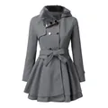 Elegante abrigo de lana gris entallado para mujer con cuello de piel sintética y cinturón - S / Tops / Talla Asiática / Gris