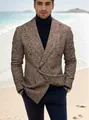 Close-up of a double-breasted tweed blazer for men featuring a textured weave pattern. - S / Tops / Khaki