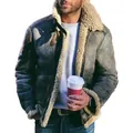Men's vintage faux suede shearling jacket with warm fur lining and lapel collar - M / Tops / Green