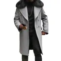 Detail of men's grey wool coat showing black fur collar and double-breasted gold buttons. - S / Tops / Light Gray