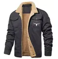 Detailed view of black men's work jacket with warm fleece lining and steer logo - S / Tops / Dark Gray