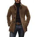 Brown men's corduroy jacket featuring classic button-down design and stand-up collar - S / Tops / Dark Brown