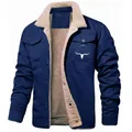 Close-up view of navy blue men's fleece-lined cotton work jacket with bull head logo - S / Tops / Dark Blue