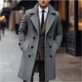 Detail view of a men's double-breasted grey wool coat in an urban street setting - S / Tops / Dark Gray