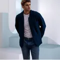 Men's casual navy blue jacket in minimalist studio setting, stylish spring outer layer - S / Tops / Navy Blue