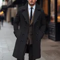 Close-up detail of a men's premium black double-breasted long wool blend overcoat - S / Tops / Black