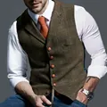 Chaleco de tweed a cuadros para hombre, corte entallado, marrón, botonadura sencilla - S / Tops / Caqui