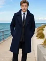 Professionelle Ansicht eines stilvollen dunkelblauen zweireihigen Wollmantels für Herren - Marineblau