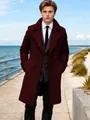Handsome man in a burgundy double-breasted wool overcoat walking on a seaside boardwalk - S / Tops / Burgundy