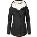 Women's stylish black winter parka with warm white fleece-lined hood and zip-up front - S / Tops / Black