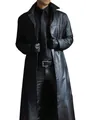 Stylish men's slim fit extra long black PU leather trench coat for fashion wear - S / Tops / Black