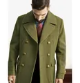 Classic men's olive green British style mid-length wool pea coat with gold buttons - S / Tops / Army Green