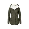 Premium warm olive green women's mid-length hooded parka with soft white fleece lining - S / Tops / Army Green