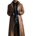Fashionable slim fit men's long PU leather trench coat in a classic brown color - S / Tops / Khaki