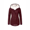 Women's mid-length hooded parka in burgundy with warm white fleece lining for winter - S / Tops / Burgundy