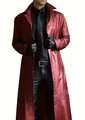 Men's stylish slim fit extra long red PU leather trench coat with button details - S / Tops / Burgundy