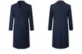 Front and back views of a premium long navy blue wool coat for men with padded lining - S / Tops / Navy Blue (K66)