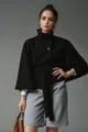 Elegant women's black wool cape coat with stand collar and waist-tie belt detail - S / Tops / Black