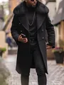 Elegant men's black wool trench coat featuring a large faux fur collar and double-breasted buttons - S / Tops / Black