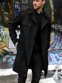 Men's slim fit solid black double-breasted long sleeve trench coat with lapel collar - S / Tops / Black