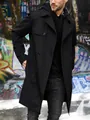 Men's slim fit solid black double-breasted long sleeve trench coat with lapel collar - S / Tops / Black