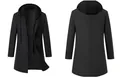 Detailed front and back view of men's black mid-length hooded wool coat with warm padded lining - S / Tops / Black (K63)