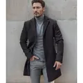 Elegant men's mid-length charcoal grey wool coat for winter business casual style - S / Tops / Black