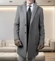 Sophisticated men's grey wool blend mid-length overcoat paired with formal attire and gloves - S / Tops / Gray