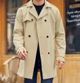 Mens slim fit khaki double-breasted trench coat, classic casual spring outerwear - S / Tops / Khaki